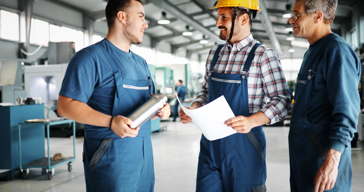 factor worker discussing data with supervisor